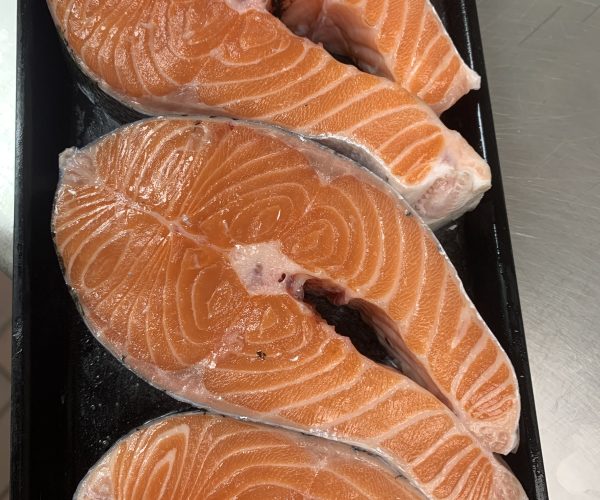 Fresh hand-cut Salmon Steaks..$17.99/lb.